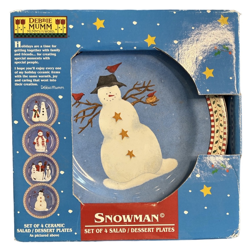 VTG 90s Christmas Debbie Mumm country whimsical snowmen dessert plates (4) New